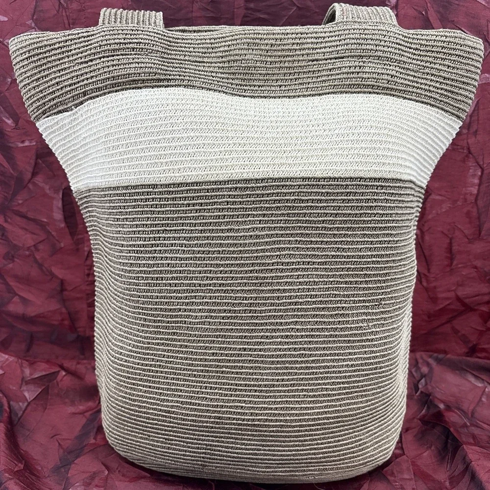 Ann Taylor‎ LOFT Woven Crochet Hobo Bucket Bag Tote Neutral Stripe Shoulder Bag
